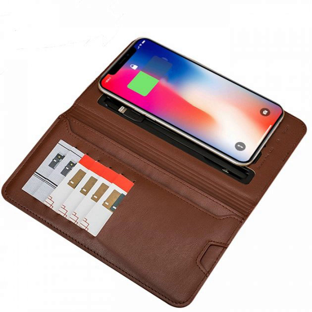 Шкіряний гаманець з зарядкою і бездротовою зарядкою Коричневий, фото 1