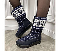 Зимові сині теплі жіночі чоботи зі сніжинками, дутики на хутрі зі змійкою ТІЛЬКИ 36, 37, розмір в наявності