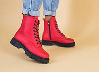 Женские кожаные ботинки на меху красные зимние ботинки в стиле тимберленд красного цвета