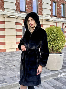 Жіноча чорна шуба із штучної шиншили з капюшоном 100 см завдовжки (р. 42-56) 39sb155