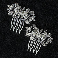 Гребільця для волосся сріблясті металеві зі стразами ромашки з листочками розмір 6х3 см, набір із 2 штук