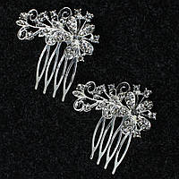 Гребешки для волос серебристые металлические в камнях цветочки с завитушками размер 6х3 см набор из 2 штук