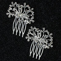 Гребешки для волос серебристые металлические с камнями цветочки с завитушками размер 6х3 см набор из 2 штук