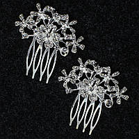 Гребільця для волосся сріблясті металеві зі стразами квіточки із завитушками розмір 6х3 см набір із 2 штук