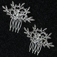 Гребільця для волосся сріблясті металеві з кришталевим камінням павич розмір 6х3 см набір із 2 штук