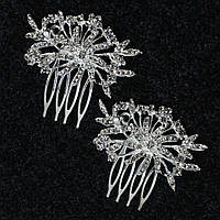 Гребільця для волосся сріблясті металеві з камінням ромашки пелюстки розмір 6х3 см набір із 2 штук