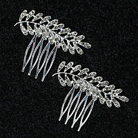 Гребешки для волос серебристые металлические с кристаллами веточки размер 6х3 см набор из 2 штук