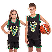 Форма баскетбольная детская/подростковая (рост 120-165см) NBA BUCKS 34 BA-0972 черный-зеленый