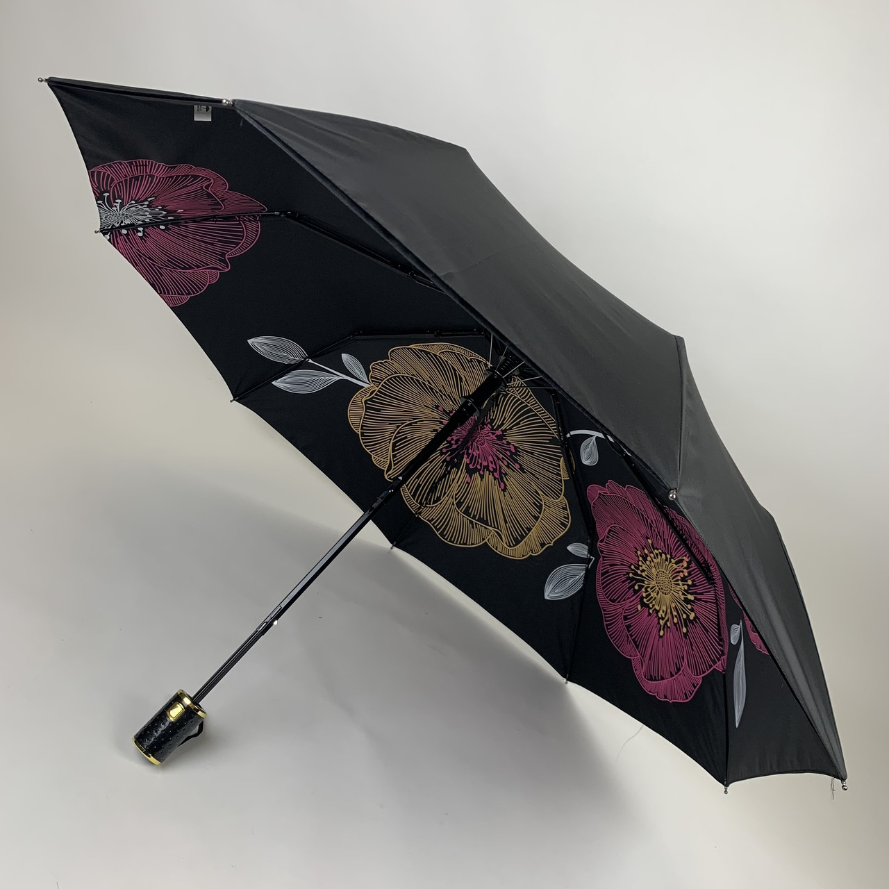 Жіноча складна парасоля напівавтомат з подвійною тканиною з принтом квітів, чорний, top 0134-2