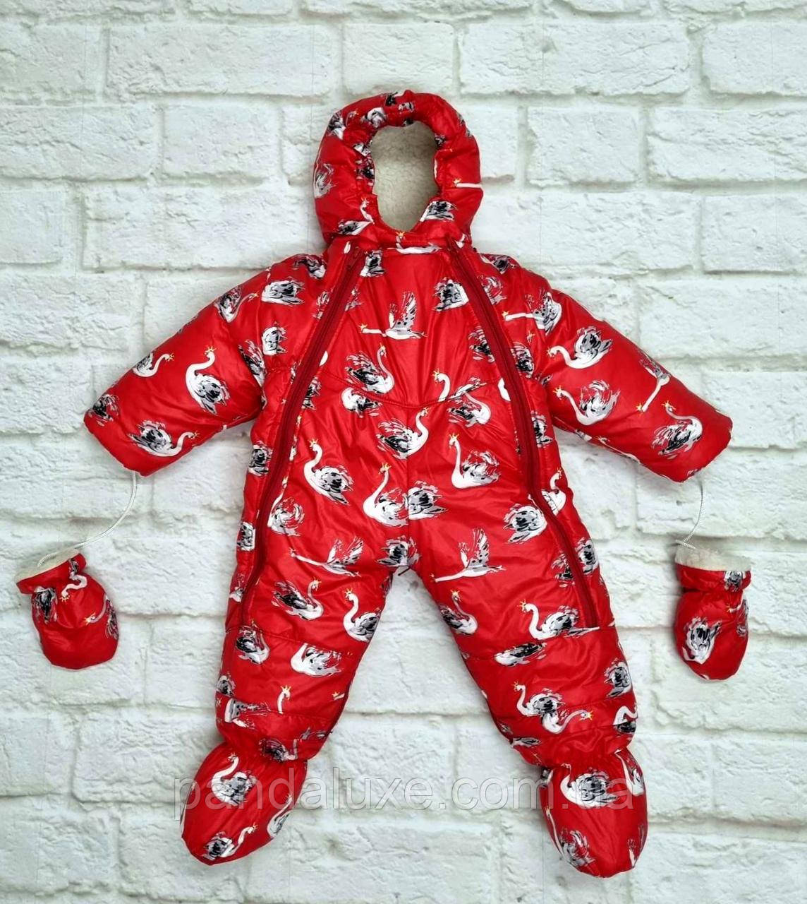 Зимовий дитячий комбінезон трансформер для дівчинки Лебеді 0-15 міс.