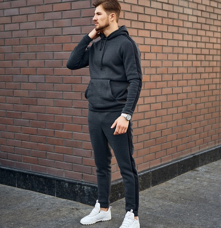 Спортивний костюм чоловічий зимовий на флісі з капюшоном теплий темно-сірий. Живе фото, фото 1