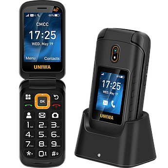 Бабушкофон-розкладачка UNIWA V909T, 2250 mAh, Швидкий набір, SOS, 3G, 4G, FM, MP3/MP4, Bluetooth, Дисплей 2.8"