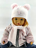 Детская вязаная шапка 44-48 размер Польша теплая с шарфом и завязками розовая (ШДТ212)