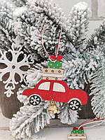 Машинка деревянная с подарками и колокольчиком, подвеска новогодняя, h 9х10 см