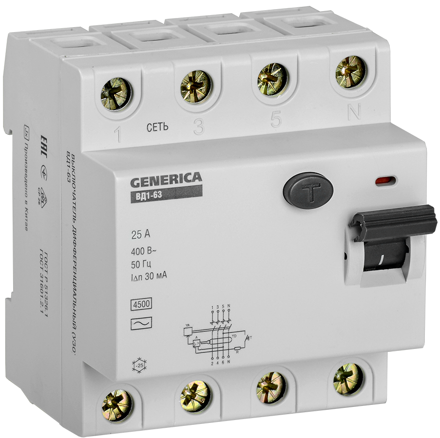 Диференціальний вимикач 25А 30мА 4P 4.5 кА тип AC УЗО ВД1-63 GENERICA, фото 1