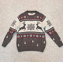В'язаний светр з оленями на дівчаток 6-7 років сірий