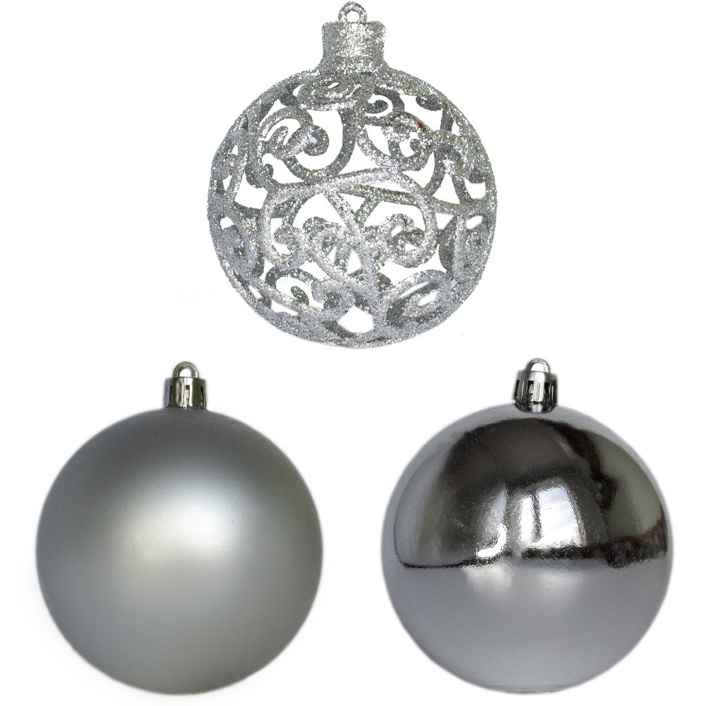 УЦІНКА Набір ялинкових іграшок - кулі, 3 шт, D8 см, матовий, глянець, гліттер, сріблястий, пластик (251642), фото 1