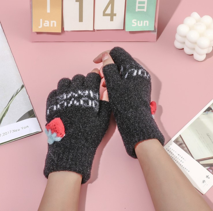 Зимові рукавиці без пальців із полуничкою Чорні