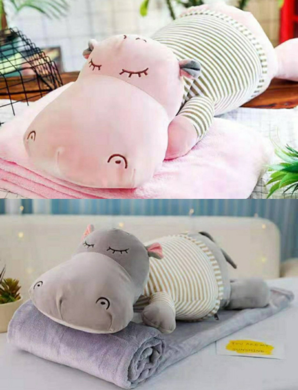 Іграшка-подушка з пледом всередині 3 в 1 бегемотик / Іграшка трансформер м'яка плюшева, фото 1