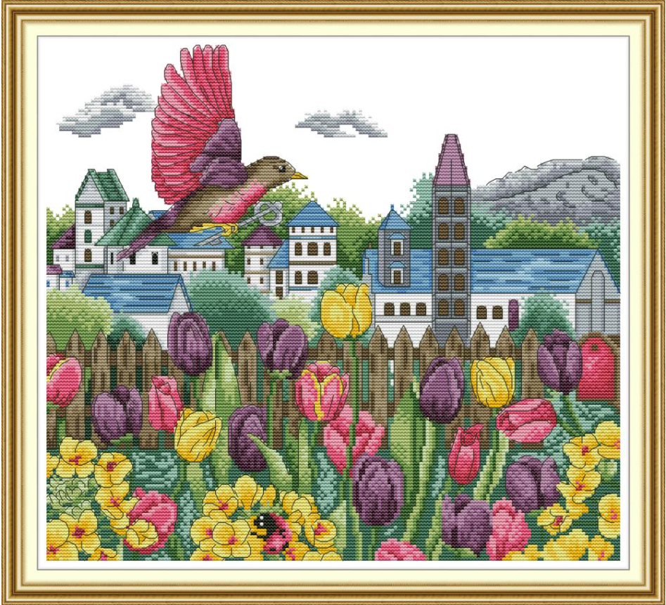 Набір для вишивання за нанесеною на канву схемою "Tulips and bird". AIDA 14CT printed 41*37 см