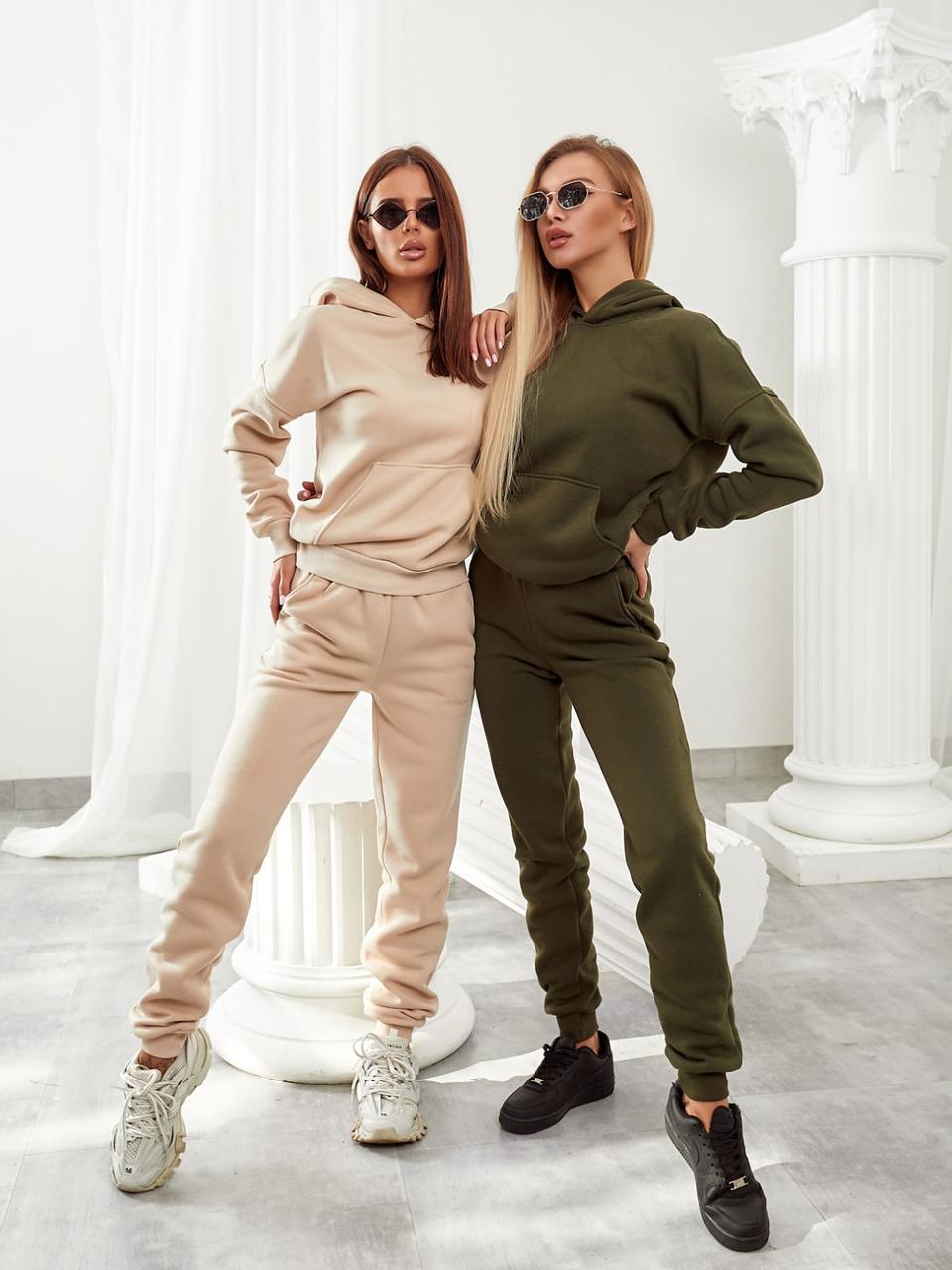 Жіночий спортивний костюм теплий з капюшоном Світлий Беж арт Z921 / Жіночий костюм для прогулянок на флісі