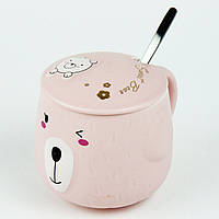 Чашка керамическая розовая детская Мишутка для чая, кружка подарочная с ложкой и крышкой