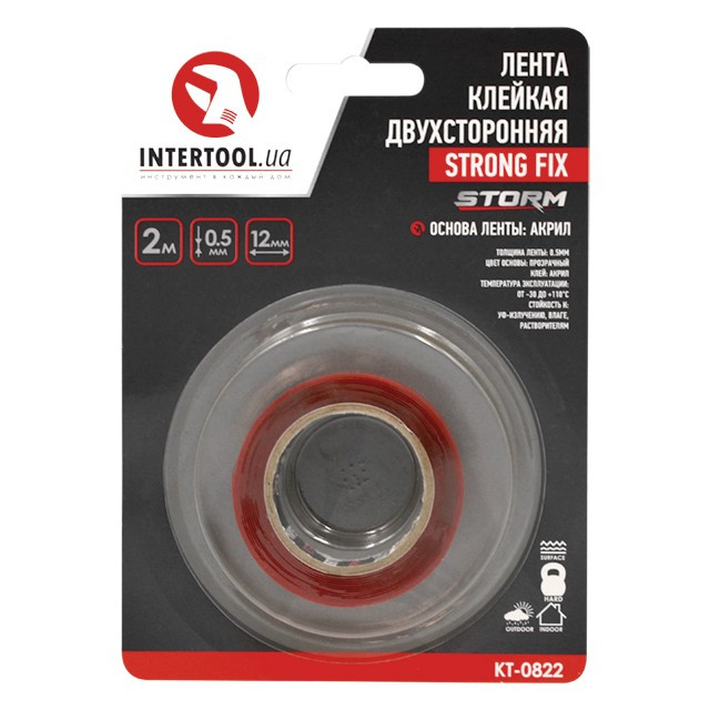 Стрічка клейка двостороння STRONG FIX, 12 мм * 2 м * 0,5 мм, прозора, акрил, STORM INTERTOOL KT-0822