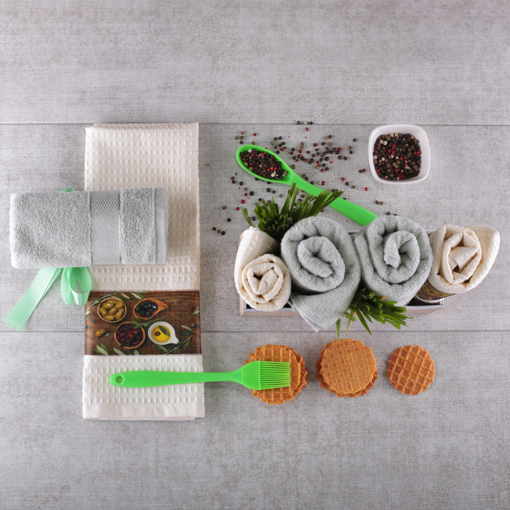 Набір рушників на подарунок (40*60 - 1 шт вафельний 3D друк + 40*70 - 1 шт махровий САТИН БОРДЮР), фото 1