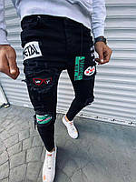 Мужские черные рваные зауженные джинсы с нашивками, Турция