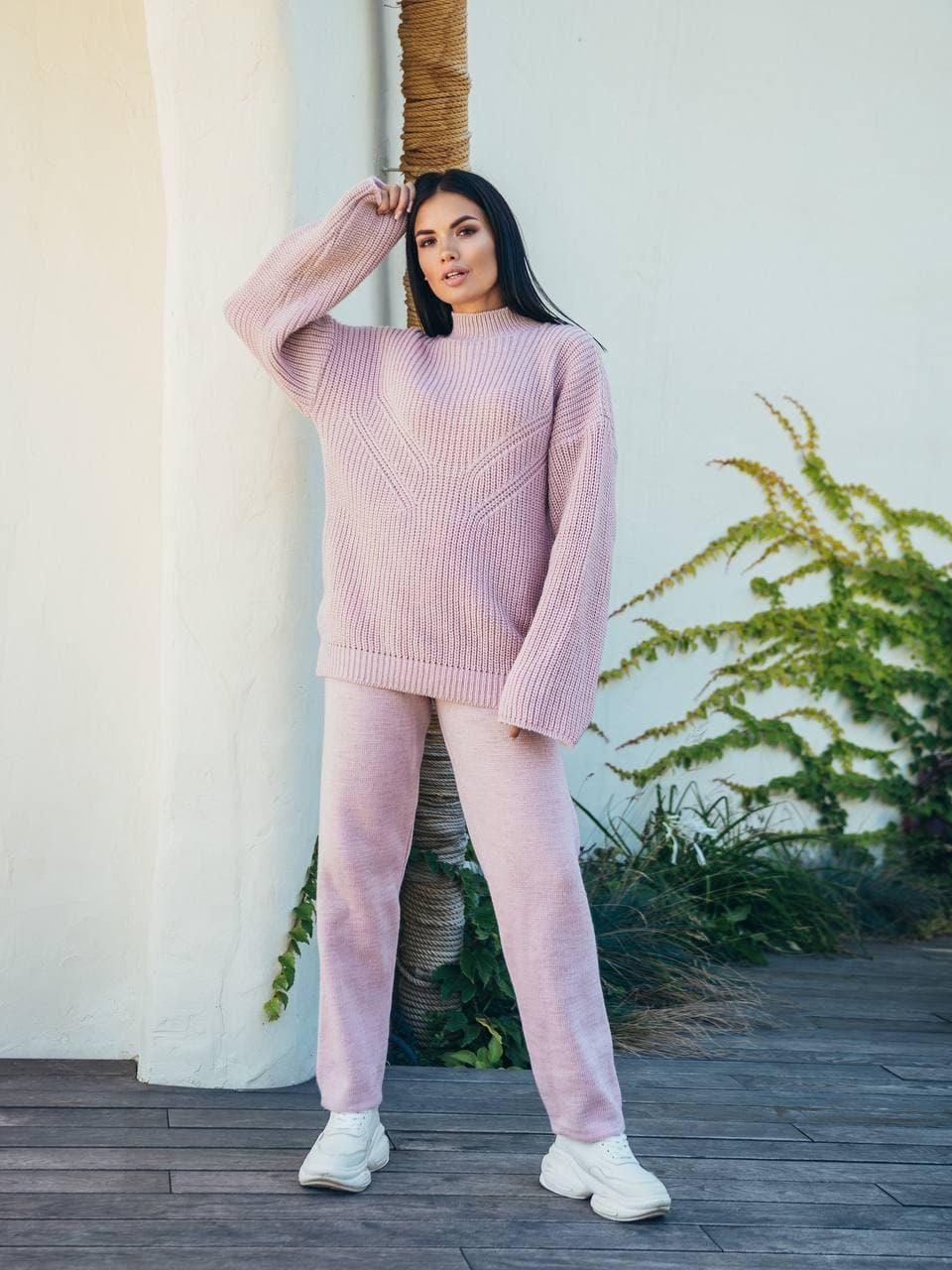 Крутий теплий жіночий в'язаний костюм штани та кофта з вовни