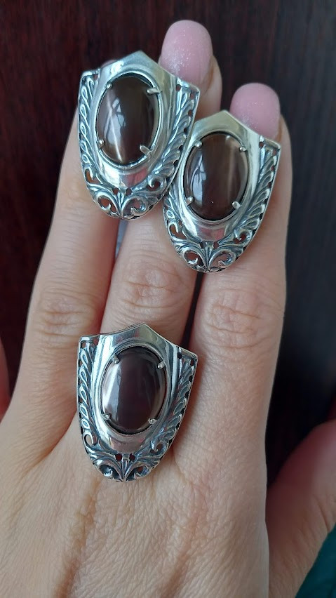 Срібний комплект із коричневим перламутром, фото 1