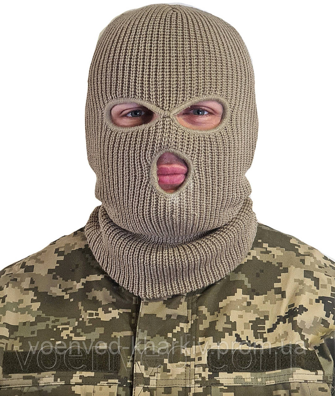 Балаклава тактична зимова в'язана двойноі вязки трьохдирочна койот, фото 1