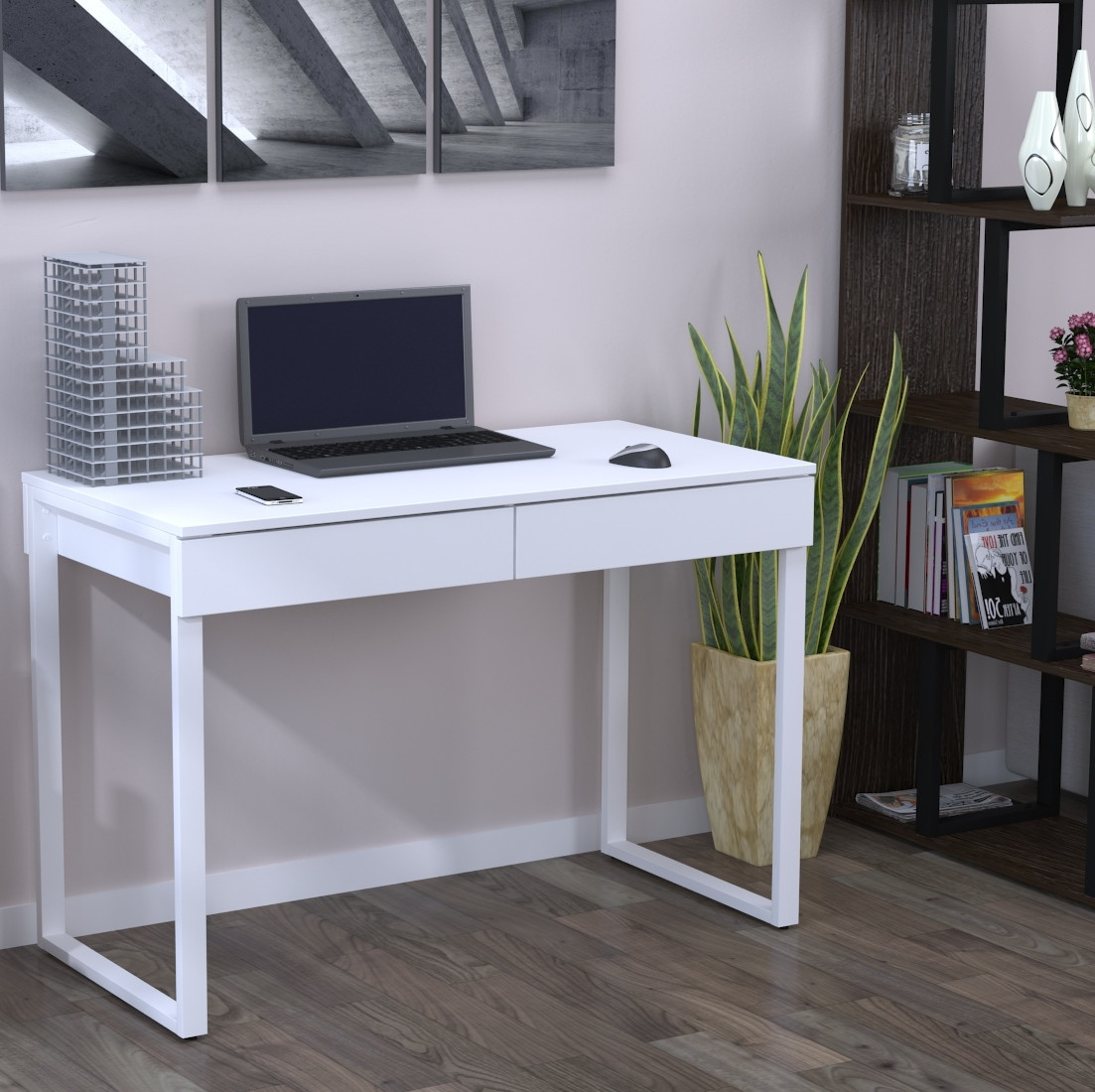 Сучасний комп'ютерний стіл письмової білої ніжки білі L-11 Loft Design, фото 1