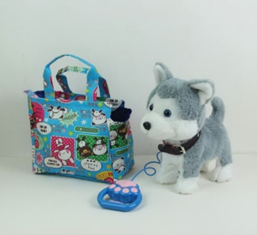 Собака Хаскі на повідку з сумочкою