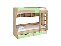 Кровать двухъярусная с ящиками и лестницей Юнга Пехотин ваниль/дуб молочный фисташка + дуб сонома