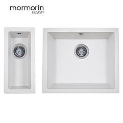 Біла гранітна подвійна мийка врізна під стільницю Marmorin Fado