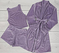 Пижамы женские, комплект халат- майка-шорты велюровый.