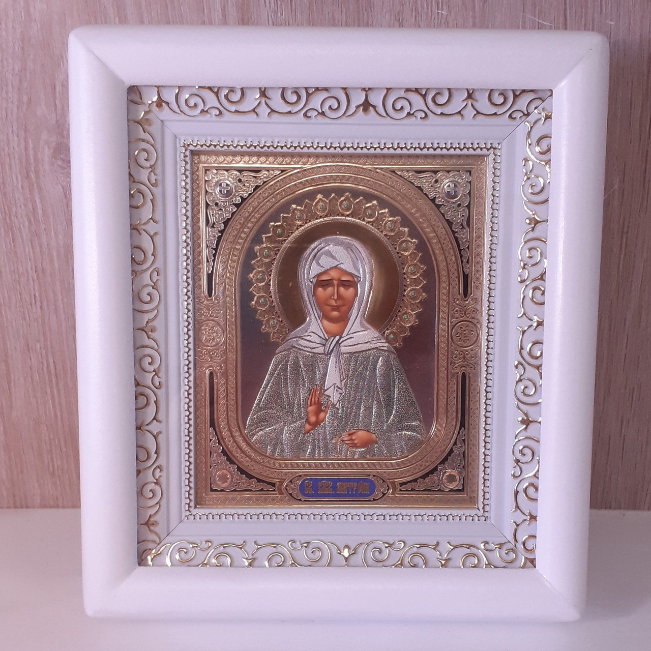 Ікона Матрона свята блажена, лик 10х12 см, у білому дерев'яному кіоті., фото 1