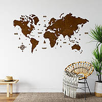 Однослойная деревянная карта мира цвет "Венге" с неполной гравировкой