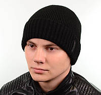 Зимняя мужская вязаная шапка с отворотом на флисе теплая