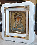 Ікона Свята Матрона в білому фігурному кіоті з декоративними куточками, розмір кіота 18*16 розмір ліка 10×12, фото 2