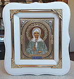 Ікона Свята Матрона в білому фігурному кіоті з декоративними куточками, розмір кіота 18*16 розмір ліка 10×12, фото 5