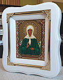Ікона Свята Матрона в білому фігурному кіоті з декоративними куточками, розмір кіота 18*16 розмір ліка 10×12, фото 4