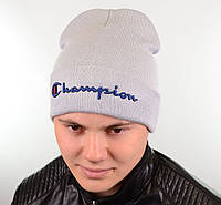 Зимняя мужская женская шапка лопата с логотипом Чемпион Champion с отворотом осень зима Светло-серый