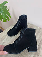 Стильные женские ботильоны замшевые черные на удобном каблуке. Ботинки натуральная замша осенние, деми, 36 р