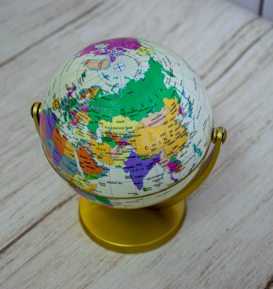 Маленький декоративний глобус що обертається, політичний, Землі, глобус світу з широтами і меридіанами - фото 3 - id-p1498937669