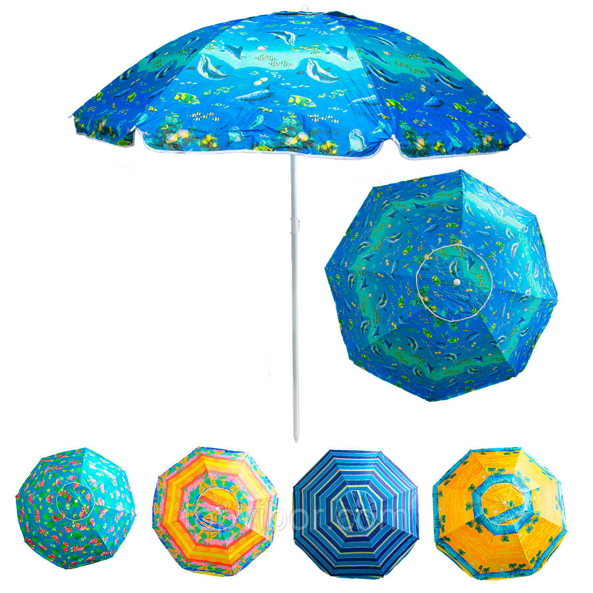 Парасолька пляжна антивітер "Stenson - синій Водний світ" 1,8м, парасоля пляжна посилена з срібним покриттям, фото 1