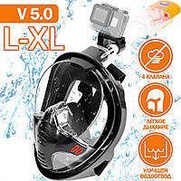 Маска для плавания L/XL VelaSport 5.0 Снорклинга Ныряния Полнолицевая с трубкой на все лицо для купания Черный