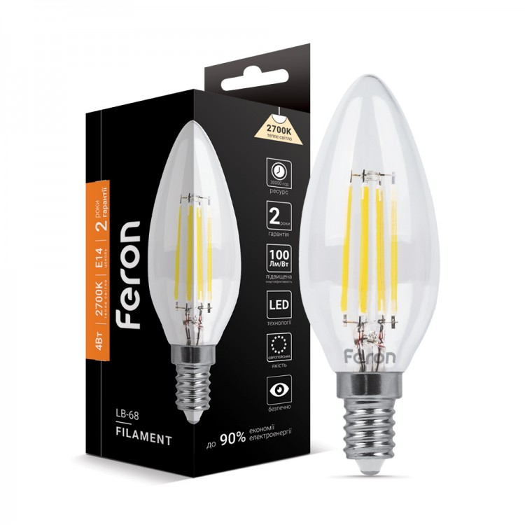 Світлодіодна LED-лампа Feron LB-68 4W Е14 C37-свічка Filament 400 Lm 2700 K/4000K димована