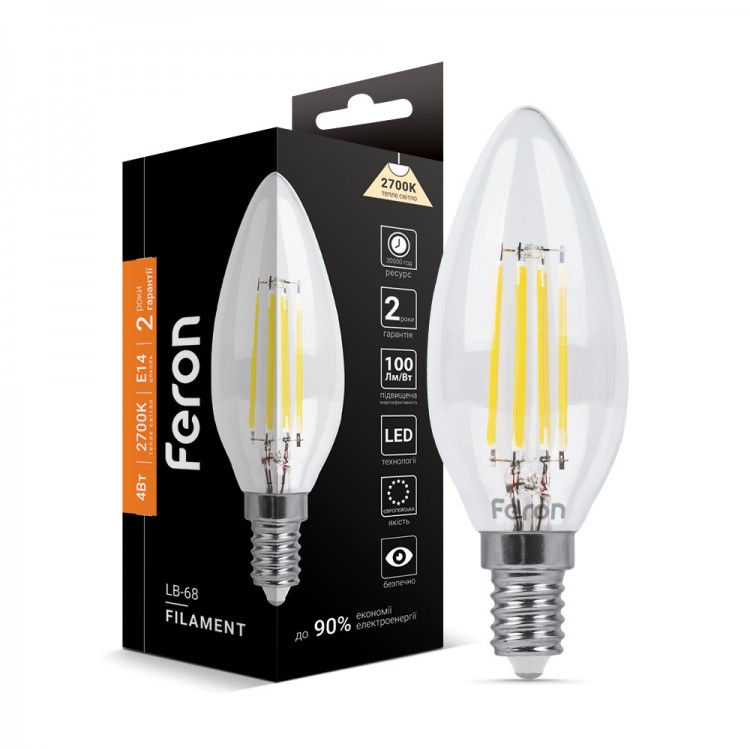 Светодиодная LED лампа Feron LB-68 4W Е14 C37 свеча Filament 400Lm 2700K/4000K диммируемая - фото 1 - id-p278015133